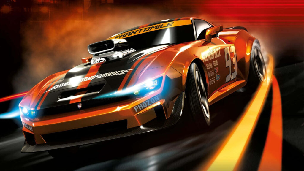 Orange racing car speeding on track with bright light trail adrenaline driving wallpaper background
