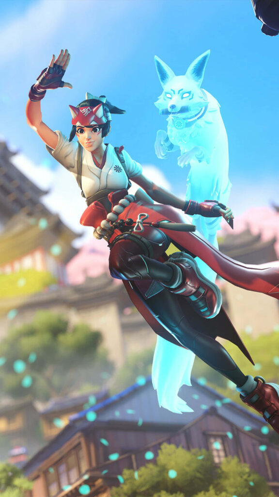 Futuristic Overwatch Character with Glowing Fox Spirit Wallpaper