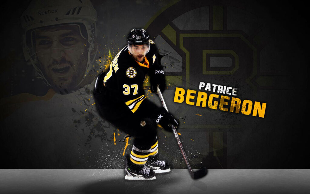 Patrice Bergeron Boston Bruins action graphic wallpaper with bold text splatter and Bruins logo