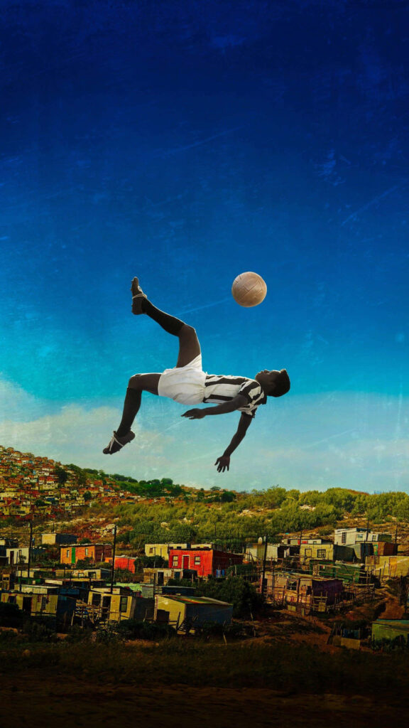 Dynamic Pelé Soccer Wallpaper: Acrobatic Moves in a Colorful Favela