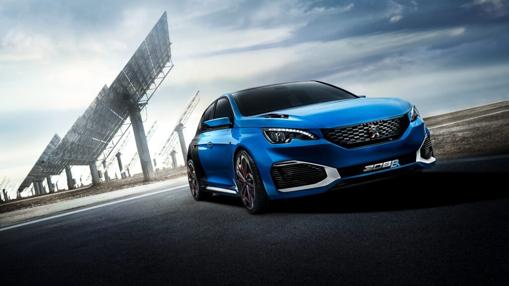 Peugeot 308 R Hybrid: Striking Blue Wallpaper with Solar Panel Background