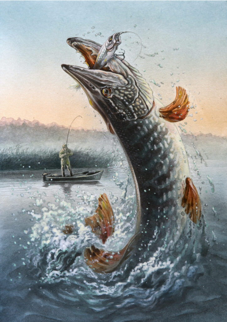 Dynamic Pike Artwork: Fishing Adventure Wallpaper Background