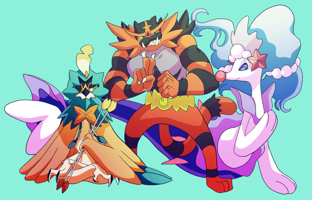 Aqua-blue Encounter: Incineroar and Primarina Unite against the Stunning Backdrop Wallpaper