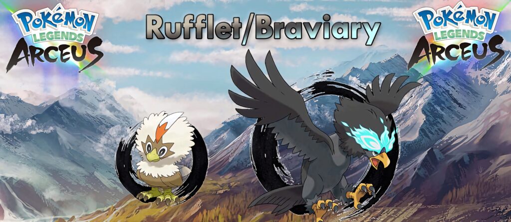 Pokémon Legends Arceus wallpaper with Rufflet and Braviary flying over vibrant Hisuian mountains