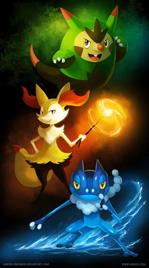 Braixen casting fire magic with Quilladin and Frogadier vibrant elemental Pokémon wallpaper