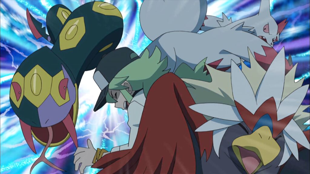 Dynamic Pokémon wallpaper with N and Braviary battling electric energy vibrant anime art