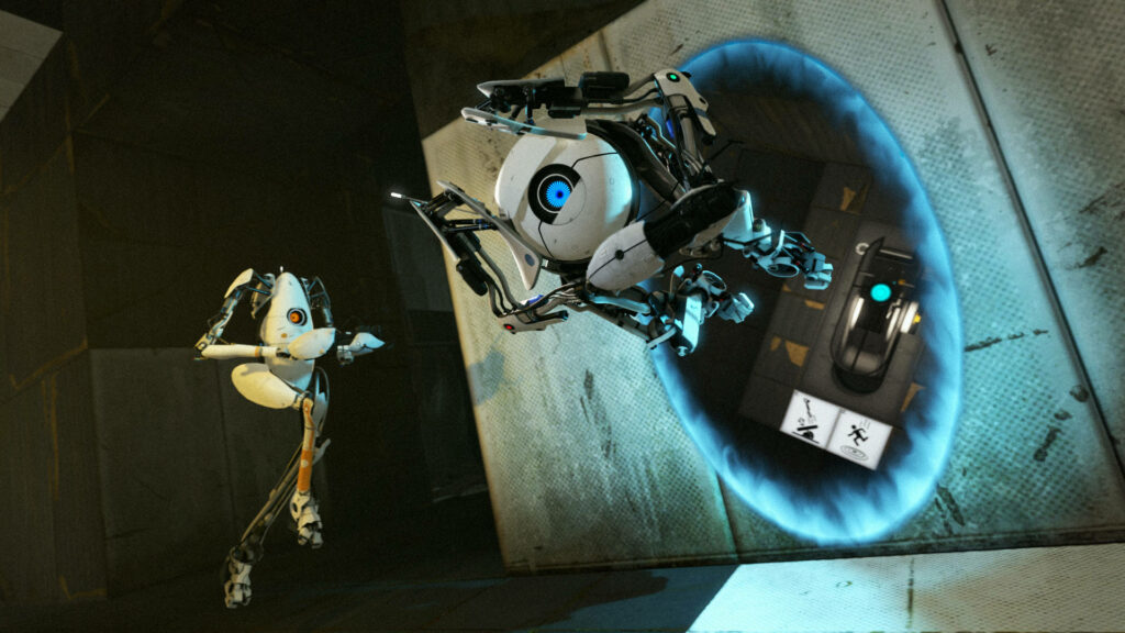 Dynamic Portal 2 Wallpaper: Atlas & P-Body in Glowing Blue Portal
