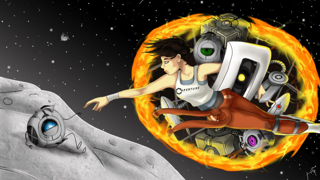 Stunning Portal 2 in Space Wallpaper Featuring Chell & Space Core