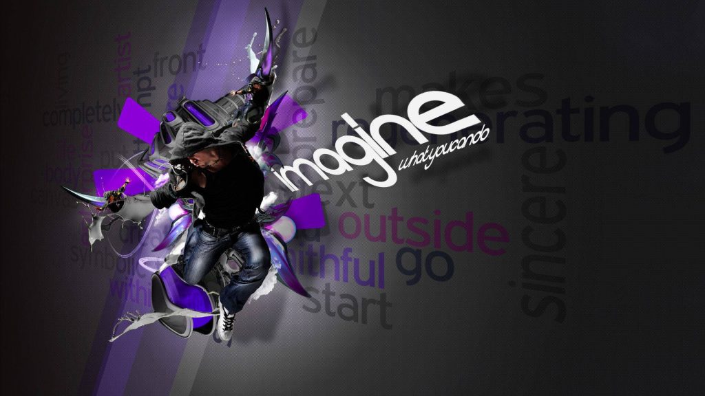 Energetic purple breakdancer wallpaper with abstract art and inspiring imagine what you can do text