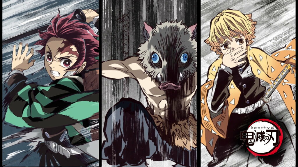 Fierce Trio Unleashing Their Slayer Skills: Inosuke, Tanjirou, and Zenitsu Wallpaper