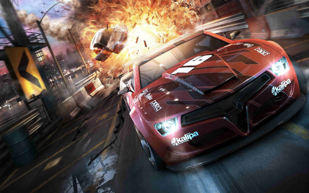 Intense Racing Wallpaper: Red Sports Car & Fiery Explosion Background