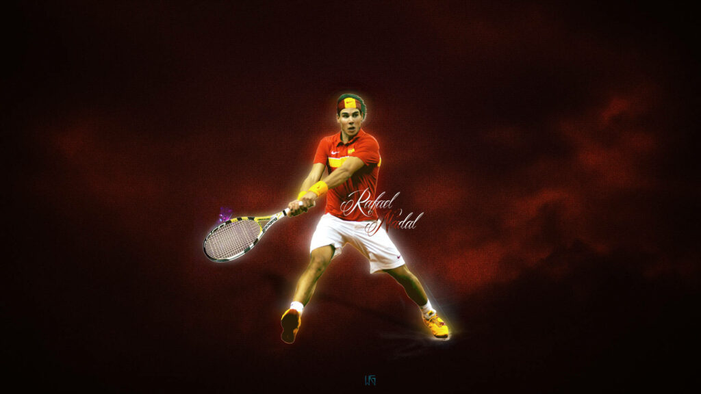 Rafael Nadal Action Wallpaper: Intense Red Background