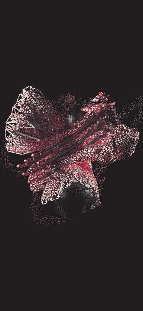Dynamic Abstract Particle Explosion Art in Red and White Background Wallpaper