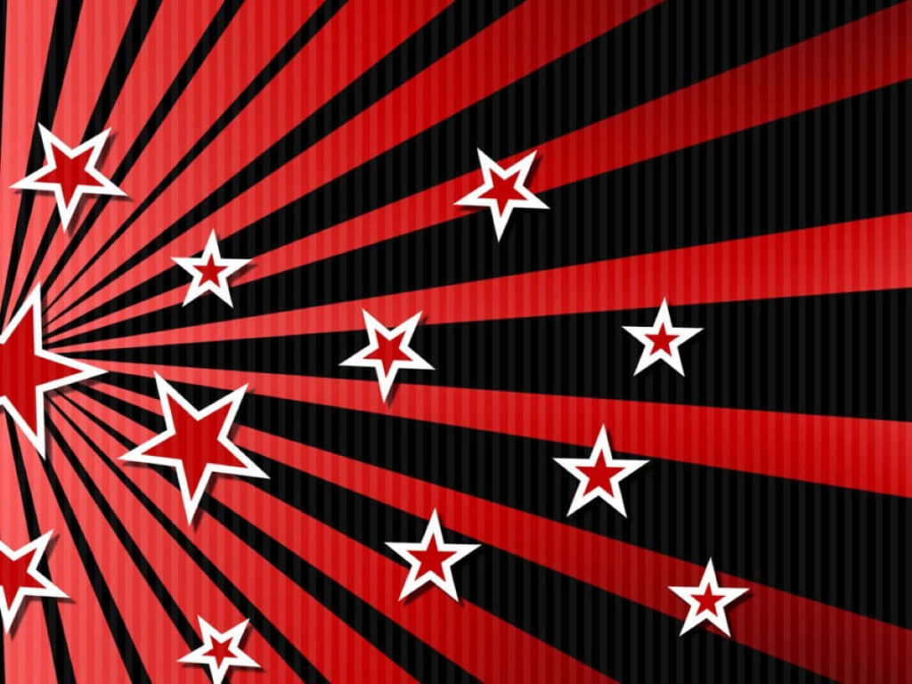 Dynamic Red & White Star Wallpaper on Bold Black Stripes