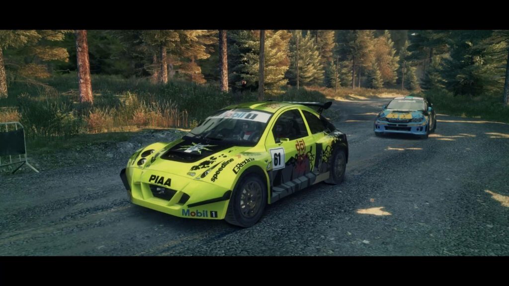 Colin McRae R4 and Subaru Impreza Blaze through Forest Rally in Dirt 3 Wallpaper