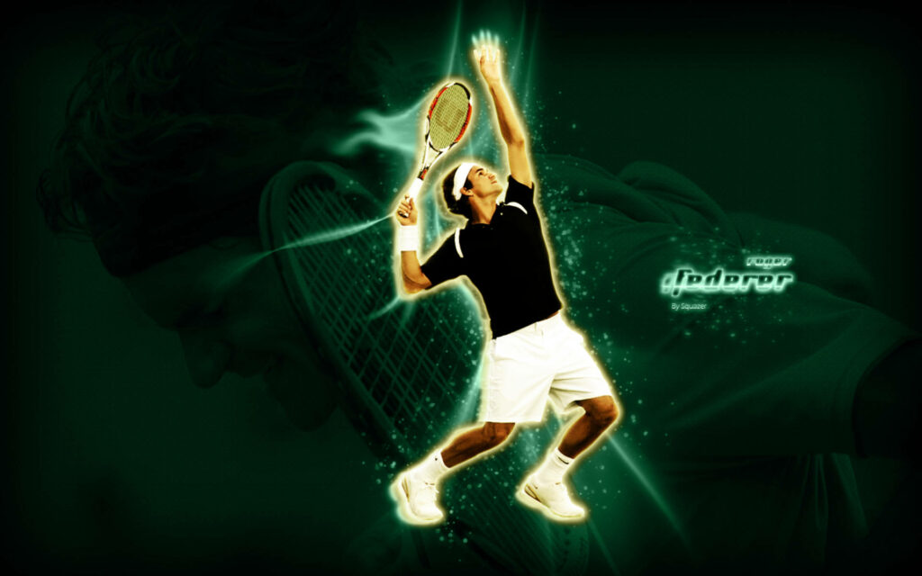 Roger Federer Intense Tennis Serve Wallpaper - Iconic Green Background