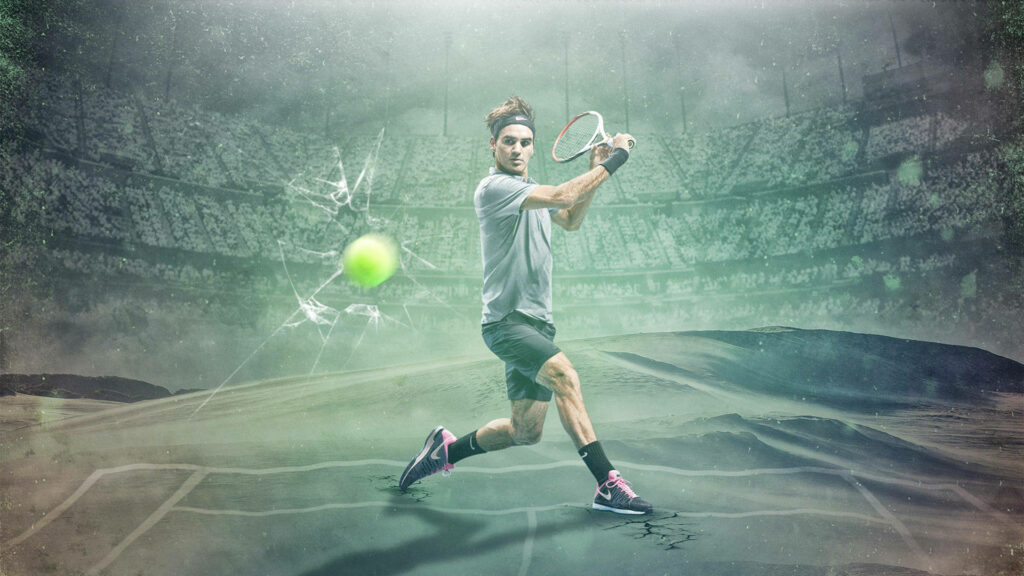 Dynamic Roger Federer Wallpaper: Iconic Tennis Style on Surreal Court