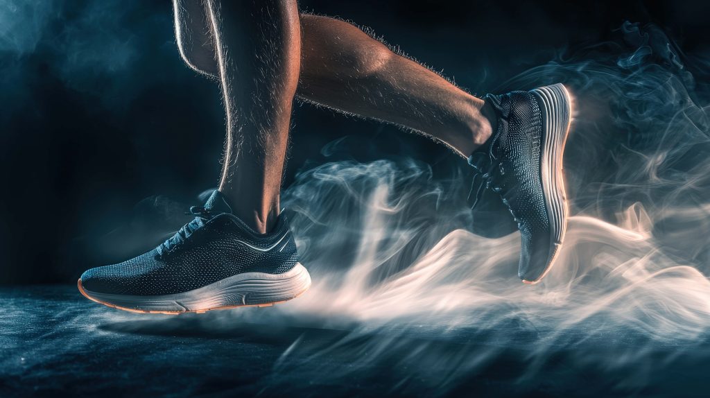 Runner legs mid-stride with motion blur and smoke in moody lighting athletic wallpaper background