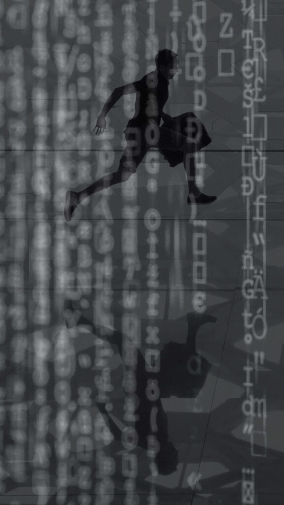 Dynamic Running Silhouette with Cascading Digital Code Background Wallpaper