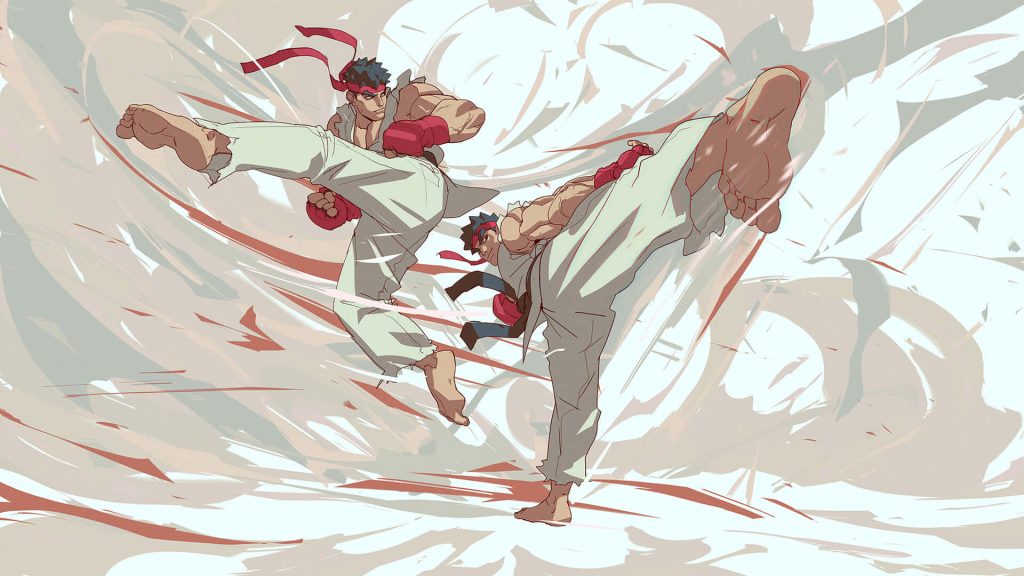 Ryu Street Fighter anime wallpaper intense martial arts showdown with bold red accents background