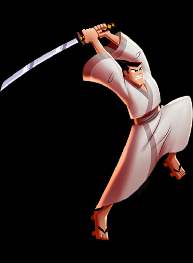 Samurai Jack Realistic Wallpaper: Dynamic Katana Pose in Dark Setting