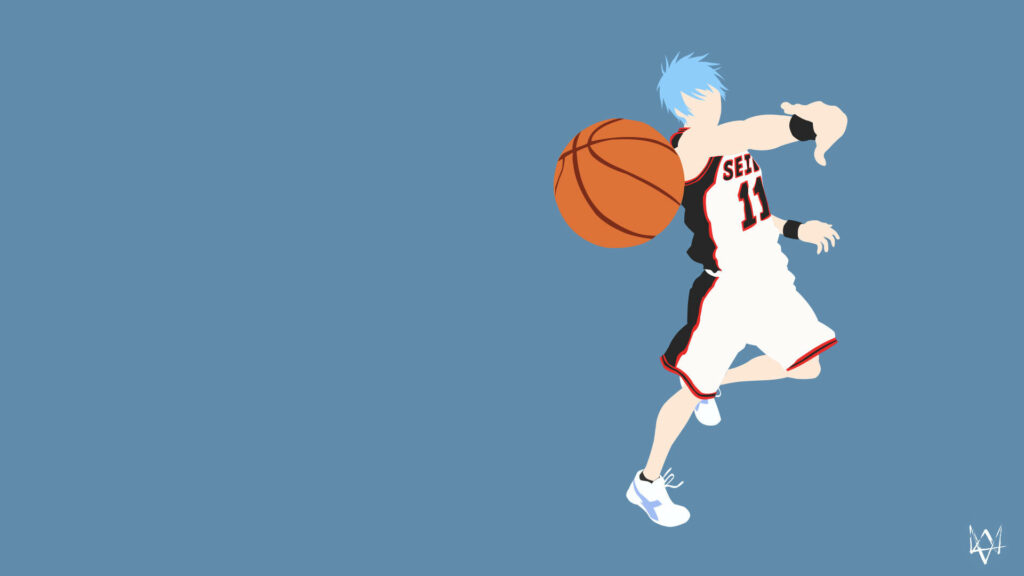 Minimalist Anime Wallpaper: Dynamic Basketball Pass on Blue Background