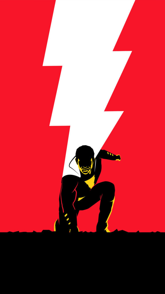 Shazam superhero kneeling dramatic pose red background white lightning bolt vector art wallpaper