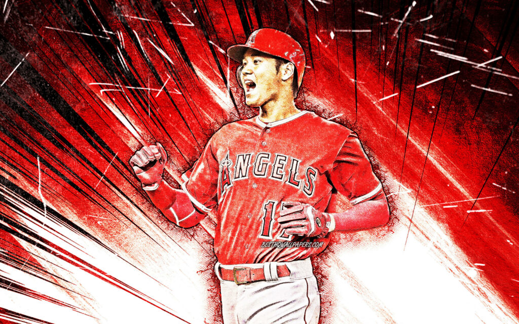 Dynamic Shohei Ohtani Fanart Wallpaper in Red & White Action Design