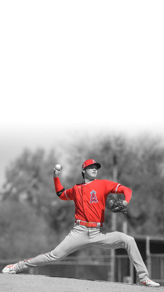 Dynamic Shohei Ohtani Pitching Wallpaper in Red Uniform