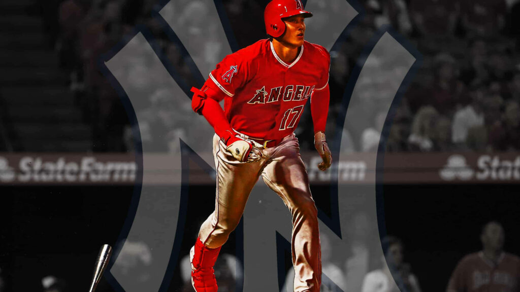 Dynamic Shohei Ohtani Wallpaper with NY Yankees Logo Background
