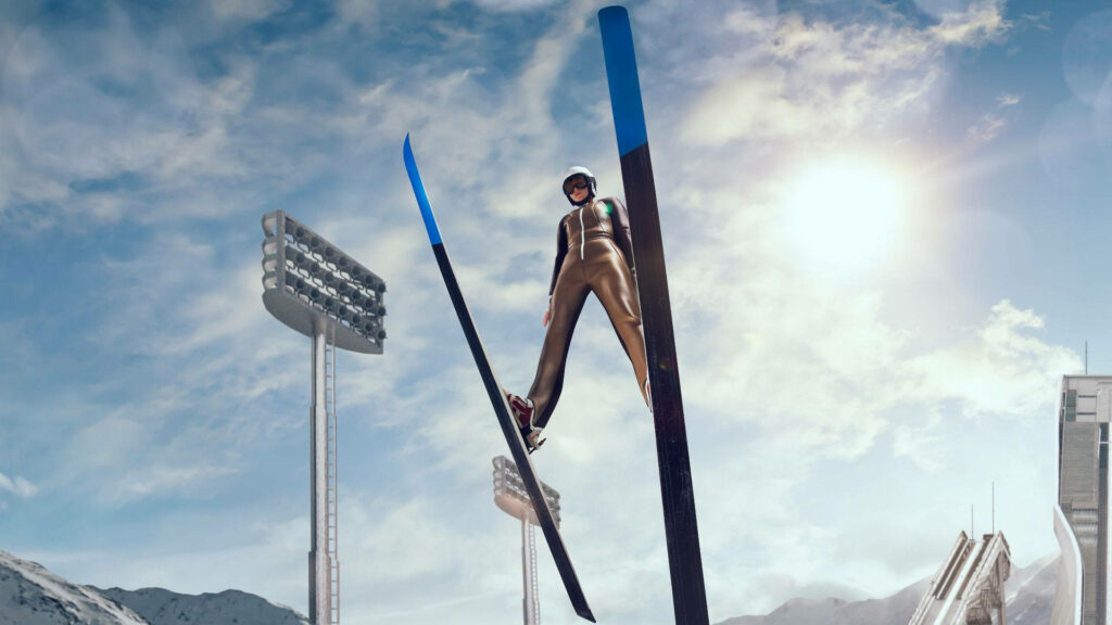 Dynamic Ski Jump Wallpaper: Thrilling Athlete in 3D Sports Game