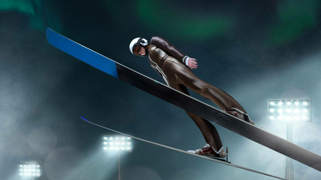 Dynamic Ski Jumping Wallpaper: Thrilling Winter Sports Under Northern Lights
