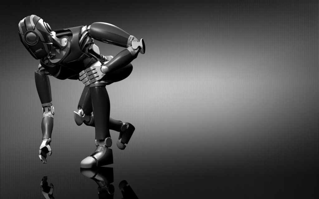 Sleek Crouching Robot Wallpaper - 1920x1200 Gradient Gray Background