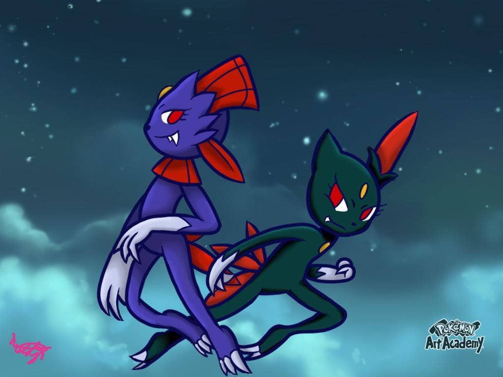 Two stylized Sneasel Pokémon in purple and green against a starry night sky wallpaper background
