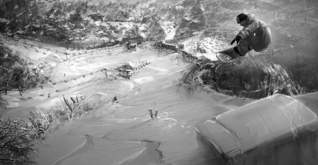 Dynamic Black and White Snowboarder Wallpaper: Thrill of Winter Sports