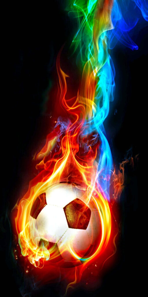 Colorful Soccer Ball Wallpaper: Flames & Passion on Black Background