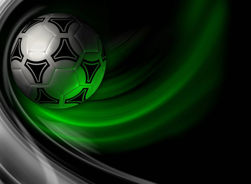 Dynamic digital soccer ball wallpaper with green white abstract motion trails on dark background