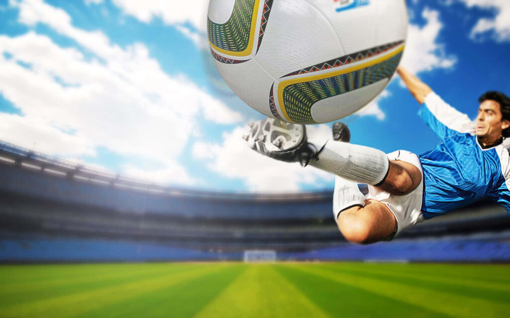 Dynamic Soccer Match Wallpaper: 3D Action-Packed Player Striking Ball
