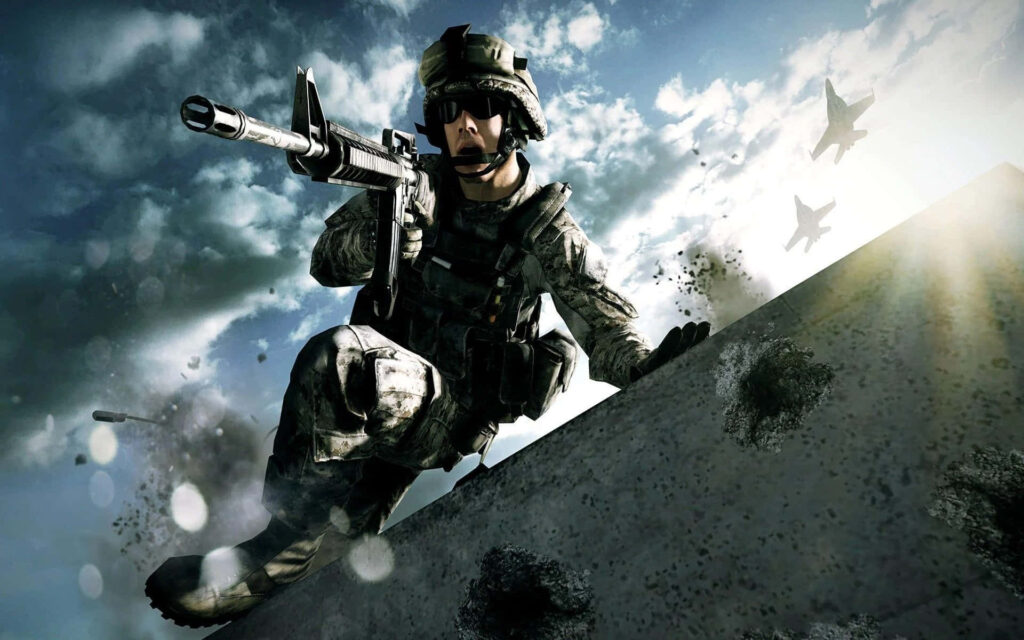Action-Packed Soldier Wallpaper: Battlefield with Jets & Dramatic Sunlight
