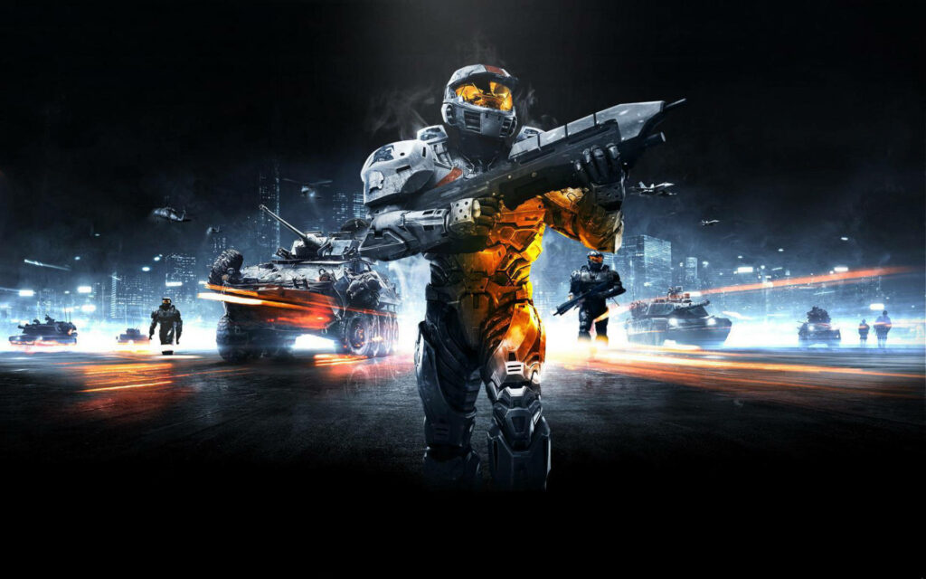 Dynamic Armored Soldier Wallpaper: Intense Battlefield Action Scene