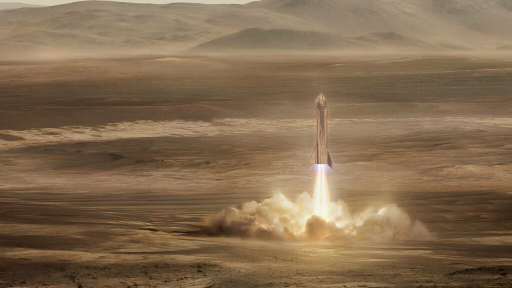 Futuristic SpaceX Starship Launch Wallpaper: Martian Landscape