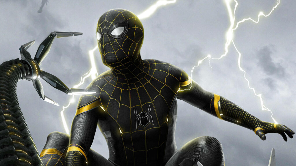 Dynamic Spider-Man Black & Gold Wallpaper with Lightning Action