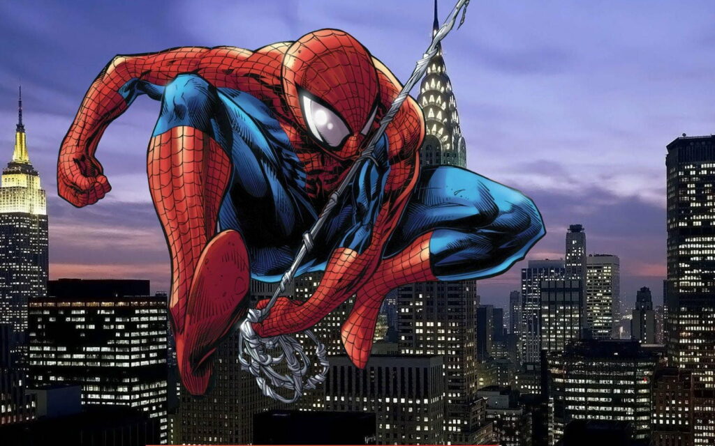 Animated Spider-Man swinging through vibrant city skyline at dusk HD cartoon wallpaper background