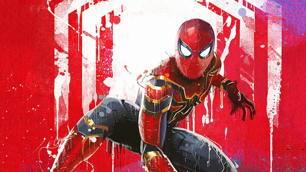 Spiderman dynamic pose HD wallpaper with vibrant red blue colors and artistic paint splatter effects