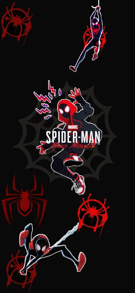 Spider-Man Miles Morales dynamic wallpaper with bold red spider emblems on black background
