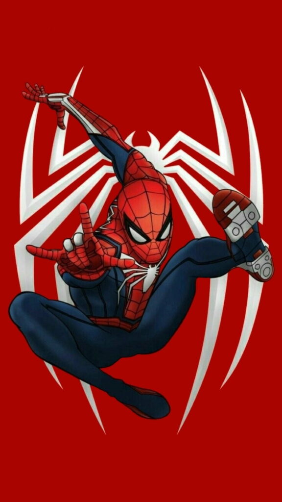 Spiderman comic art in action pose on bold red background with white spider emblem HD wallpaper