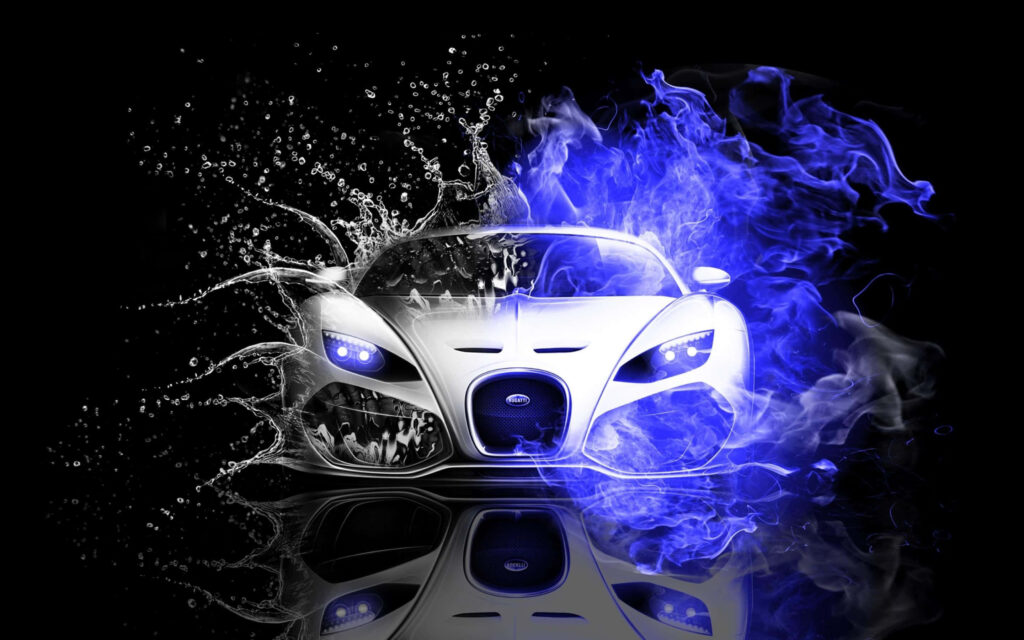 Dynamic Sports Car Wallpaper: 3D Flames & Water Splash Background