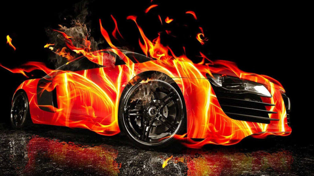 Vibrant Sports Car Wallpaper: Fiery 3D Effect on Dark Background