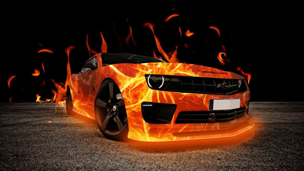 Dynamic Sports Car Wallpaper: Flames & Bold Design on Dark Background