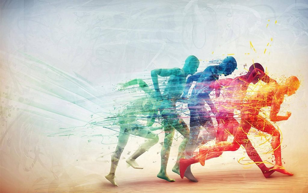 Vibrant multicolored digital art of sprinting athletes in dynamic motion with abstract brushstrokes Wallpaper